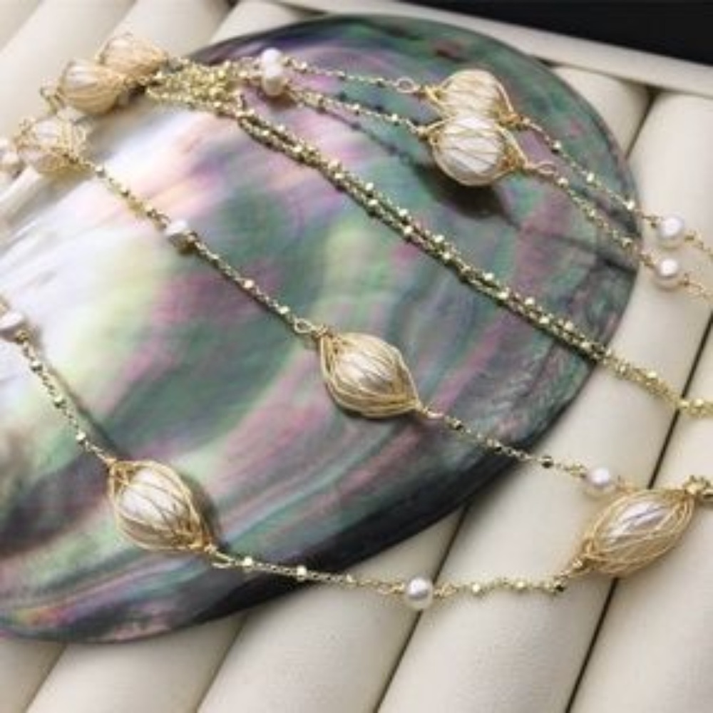 42" White Cultured Pearl Gold Chain Necklace 14K Yellow Gold Plate - Picture 3 of 11